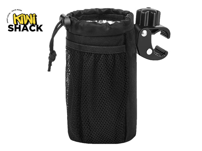 A black insulated bicycle water bottle holder with a drawstring top and an exterior mesh pocket, attached to a black handlebar clamp mount with an adjustable tightening knob, featuring a "Kiwi Shack" logo in the top left corner.