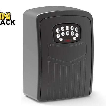 Gray electronic key safe with digital keypad on a white background, featuring the Kiwi Shack logo.