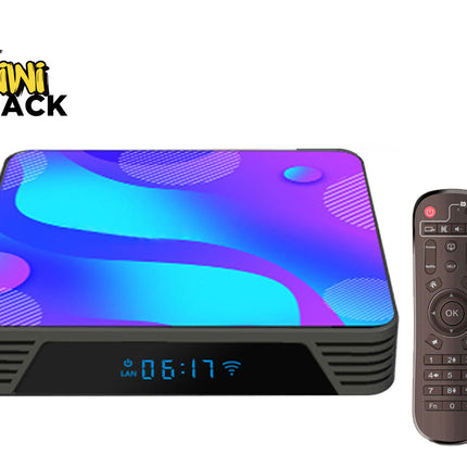 A Kiwi Shack streaming box with a colorful purple and blue abstract patterned top, shown next to its matching remote control on a white background.