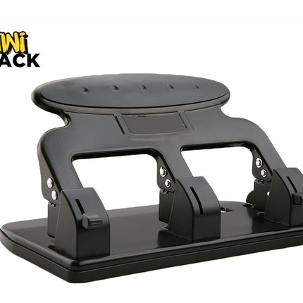 Black heavy-duty multi-hole paper puncher (3-hole or multi-punch mechanism) with an ergonomic wide handle plate, base alignment guide, and the Kiwi Shack logo watermark.