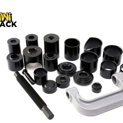 Set of black mechanical components and a silver metal bracket on a white background with 'Kiwi Shack' branding.