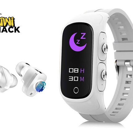 White smart fitness watch with a rectangular black display showing a purple moon and digital time, alongside two small white wireless earbuds with blue and purple fingerprint graphics. The Kiwi Shack logo is visible in the top-left corner.