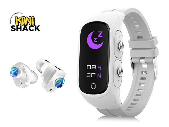 White smart fitness watch with a rectangular black display showing a purple moon and digital time, alongside two small white wireless earbuds with blue and purple fingerprint graphics. The Kiwi Shack logo is visible in the top-left corner.
