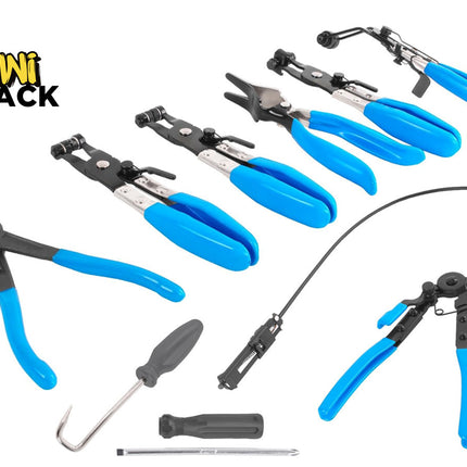 A set of blue and black fishing line tying and stripping tools arranged on a white background, with the KiNi ShAcK logo in the top left corner.