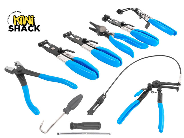 A set of blue and black fishing line tying and stripping tools arranged on a white background, with the KiNi ShAcK logo in the top left corner.