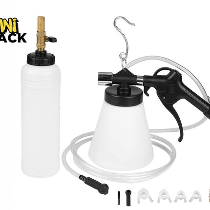 A pneumatic brake fluid bleeder kit consisting of a refill bottle with a brass valve, a handheld extraction gun with a fluid container and hanging hook, clear silicone tubing, and various adapter fittings against a white background. A "Kiwi Shack" logo appears in the top-left corner.