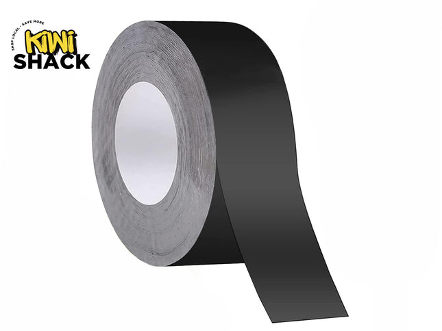A roll of heavy-duty black waterproof repair tape with a partially unspooled end, featuring a "Kiwi Shack" logo in the top left corner.