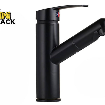 Kiwi Shack modern matte black bathroom sink faucet with single handle and swivel spout.