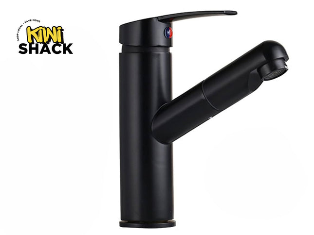 Kiwi Shack modern matte black bathroom sink faucet with single handle and swivel spout.