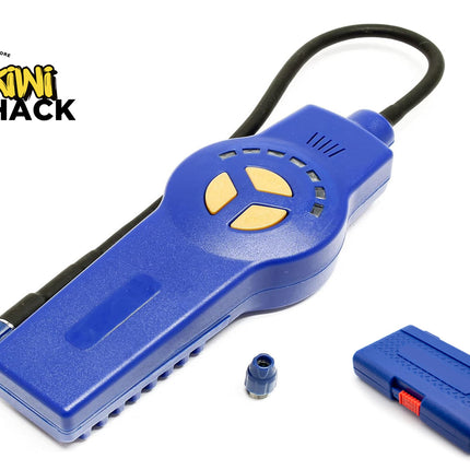 A blue electric fishfinder lure with a black wire, shown alongside its blue battery pack and a small blue connector piece on a white background, with the Kini Shack logo in the top-left corner.
