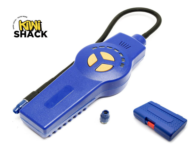A blue electric fishfinder lure with a black wire, shown alongside its blue battery pack and a small blue connector piece on a white background, with the Kini Shack logo in the top-left corner.