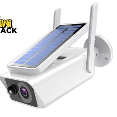 Solar-powered security camera with a visible brand logo on a white background
