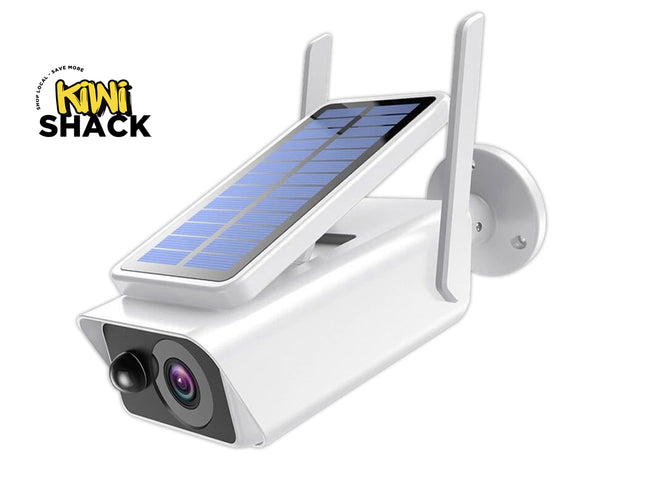 Solar-powered security camera with a visible brand logo on a white background
