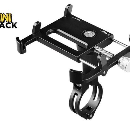 Black motorcycle phone mount with adjustable strap on a white background, featuring Kiwi Shack logo.