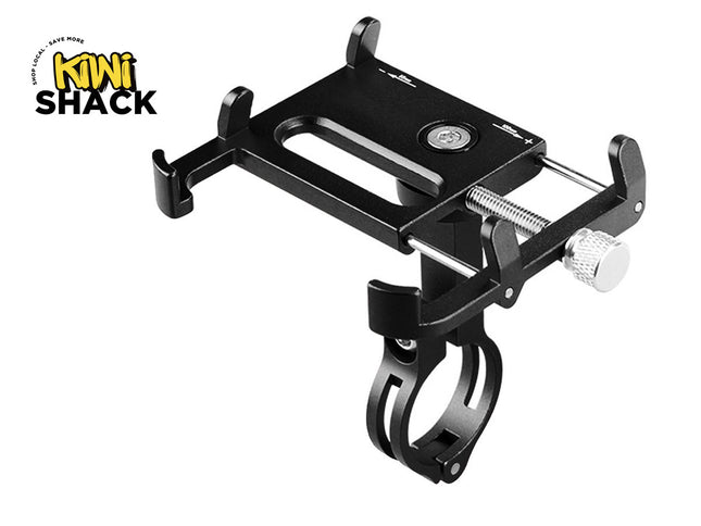 Black motorcycle phone mount with adjustable strap on a white background, featuring Kiwi Shack logo.