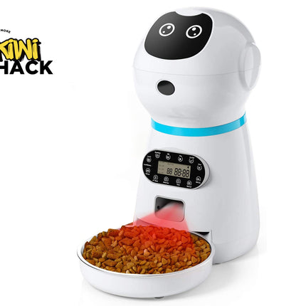 White electronic pet feeder with a bowl of food on a white background, featuring the Kini Shack brand.