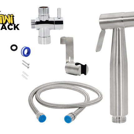 Set of stainless steel shower components with hose and connectors on a white background, branded 'Kiwi Shack'.