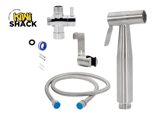 Set of stainless steel shower components with hose and connectors on a white background, branded 'Kiwi Shack'.