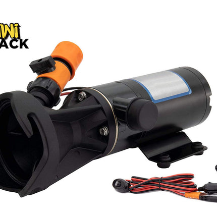 Black and orange pump with wiring on a white background, featuring Kiwi Shack logo.