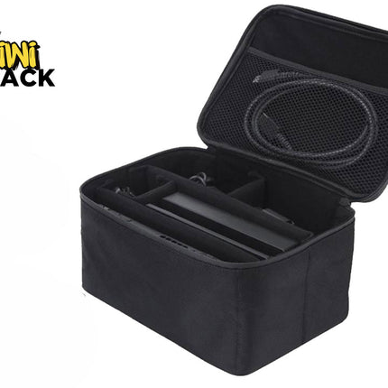 An open black carrying case with compartmentalized storage inside and a zippered mesh pocket on the lid holding a coiled cable, set against a white background. A "Kiwi Shack" logo appears in the top-left corner.