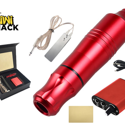 Red tattoo machine with accessories on a white background, featuring the Kiwi Shack brand.
