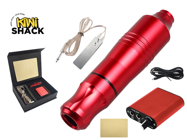 Red tattoo machine with accessories on a white background, featuring the Kiwi Shack brand.
