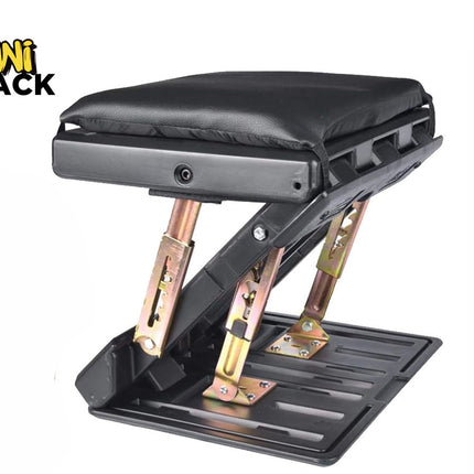 Kiwi Shack ergonomic under-desk footrest with height adjustment, tilt control, and comfortable leather cushion.