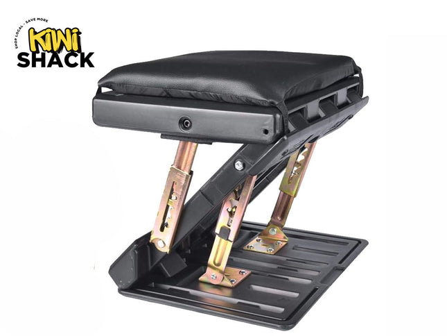 Kiwi Shack ergonomic under-desk footrest with height adjustment, tilt control, and comfortable leather cushion.