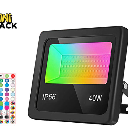 A black 40W IP66 outdoor LED floodlight by Kiwi Shack, featuring a colorful gradient display window and a mounting bracket, shown alongside a color selection chart on a white background.