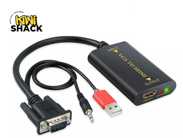 VGA to HDMI adapter with cables on a white background, branded as Kiwi Shack.