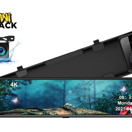 Car dashboard camera with screen displaying a nature scene, brand 'Kiwi Shack' visible.