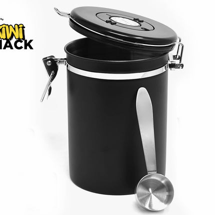 Kiwi Shack airtight stainless steel coffee storage canister with date tracker lid, locking clasp, and matching scoop.