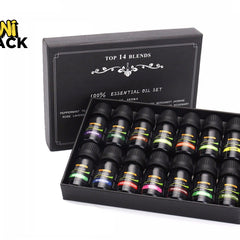 A gift set of 14 dark glass essential oil bottles arranged neatly inside an open black presentation box with white lettering, set against a white background. A "Kiwi Shack" logo appears in the top-left corner.