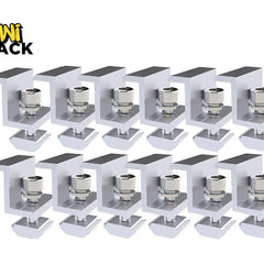 Twelve silver aluminum solar panel mounting end clamps arranged in two neat rows of six, each equipped with a bolt and T-nut, with a "Kiwi Shack" logo in the top left corner.