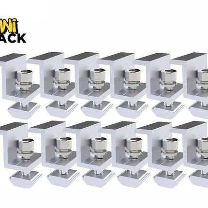Twelve silver aluminum solar panel mounting end clamps arranged in two neat rows of six, each equipped with a bolt and T-nut, with a "Kiwi Shack" logo in the top left corner.