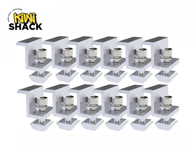 Twelve silver aluminum solar panel mounting end clamps arranged in two neat rows of six, each equipped with a bolt and T-nut, with a "Kiwi Shack" logo in the top left corner.