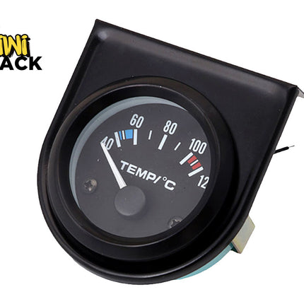Black automotive temperature gauge with analog needle pointing below 60°C, mounted in a black angled pod housing, featuring Kiwi Shack logo in top left.