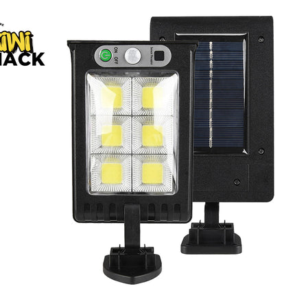 Solar-powered LED light with solar panel and Kiwi Shack branding on a white background