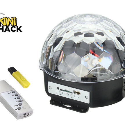 Decorative LED ball with remote control on a white background, featuring the Kiwi Shack brand.