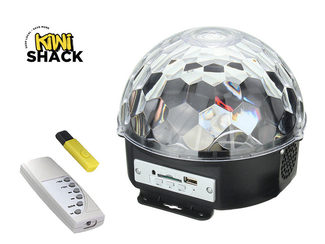 Decorative LED ball with remote control on a white background, featuring the Kiwi Shack brand.