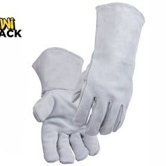A pair of light gray leather work gloves, one showing the back of the hand and the other showing the palm side, displayed against a solid white background with the 'Kini Shack' logo in the top-left corner.