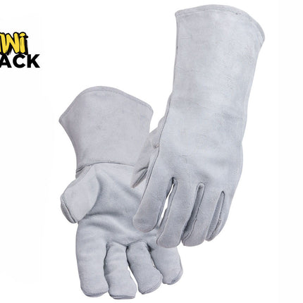 A pair of light gray leather work gloves, one showing the back of the hand and the other showing the palm side, displayed against a solid white background with the 'Kini Shack' logo in the top-left corner.
