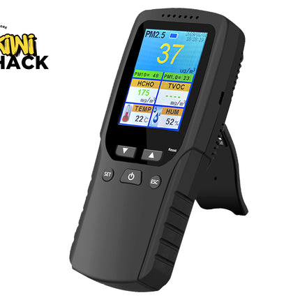 Black digital air quality meter with colorful display on a white background, featuring the Kiwi Shack logo.