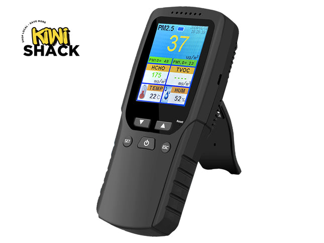 Black digital air quality meter with colorful display on a white background, featuring the Kiwi Shack logo.