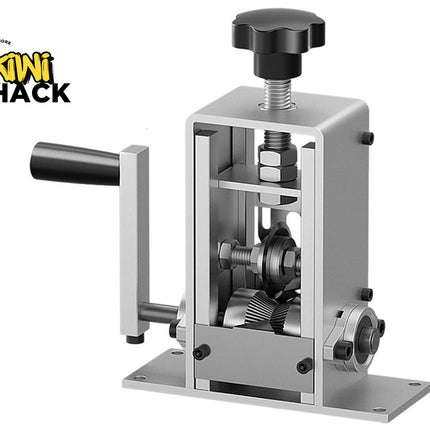 Metallic mechanical device with a handle on a white background, featuring the Kiwi Shack logo.