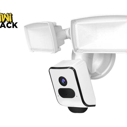 White security camera with motion sensors on a white background, branded 'Kiwi Shack'.