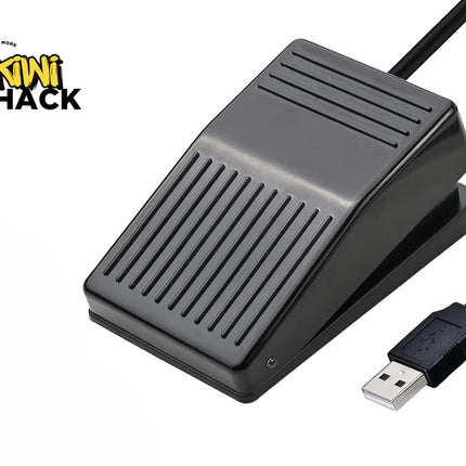 Black foot pedal with USB cable on a white background, featuring Kiwi Shack logo.