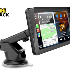 Portable wireless carplay / android auto touchscreen display with a sunshade visor mounted on an adjustable suction cup pedestal stand, showing a navigation and media interface, with Kiwi Shack logo in top left.