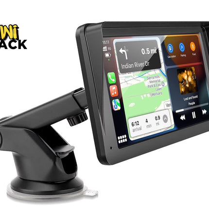 Portable wireless carplay / android auto touchscreen display with a sunshade visor mounted on an adjustable suction cup pedestal stand, showing a navigation and media interface, with Kiwi Shack logo in top left.