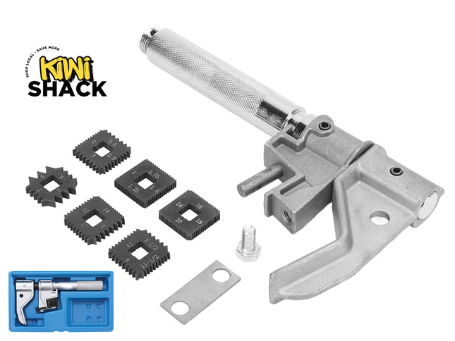 Metal tool with attachments and Kiwi Shack logo on a white background